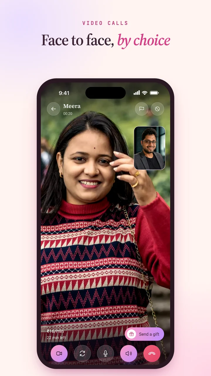 A Yawr video call as a caller sees it: the host fills the screen, the caller's own camera shows in a small window, and the video rate, a gift button and the call controls run along the bottom.