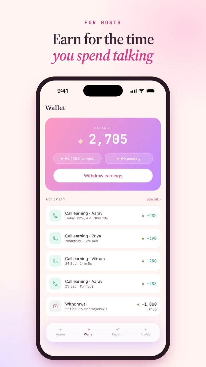 Yawr host wallet preview with a sample balance, call earnings and a withdrawal option.