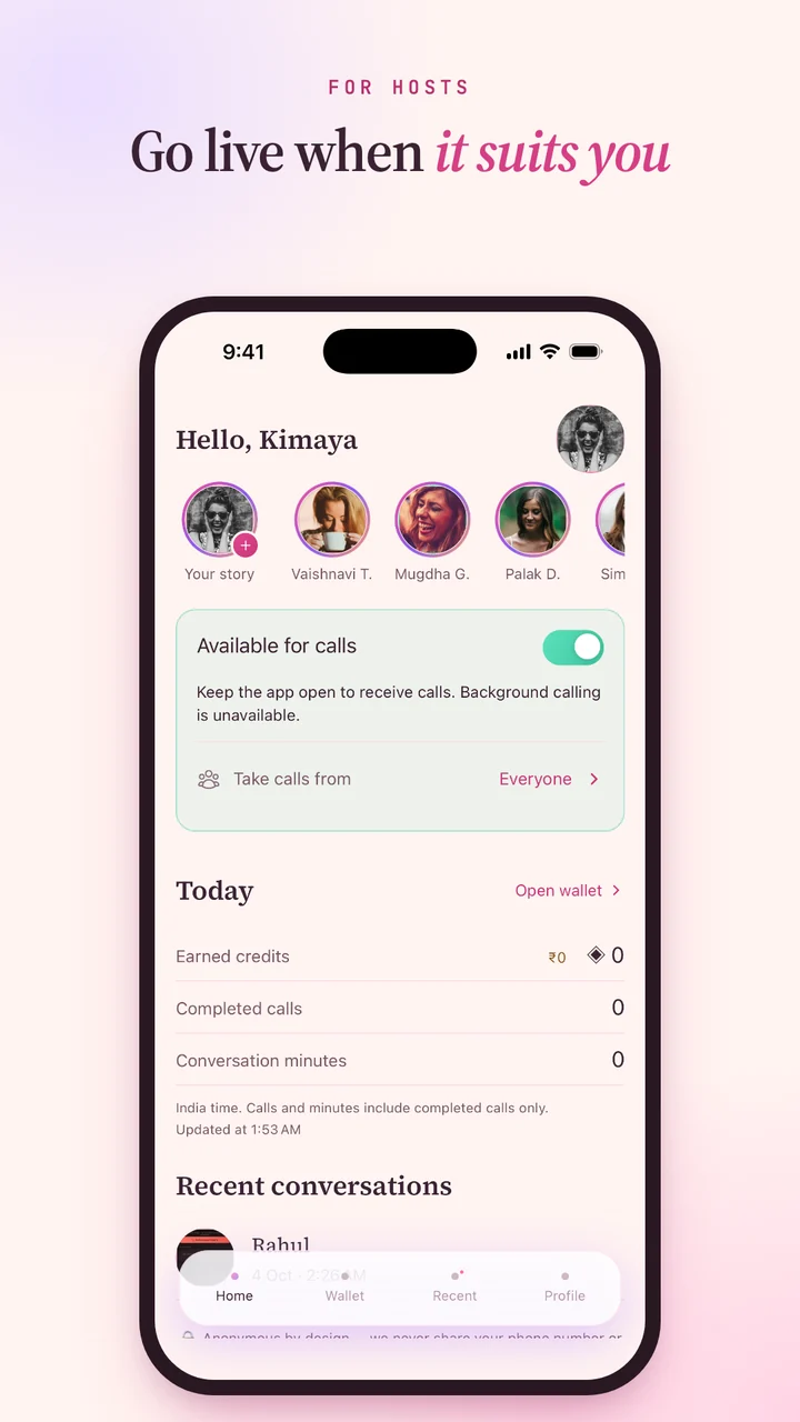 The Yawr home screen: a greeting, a row of voice stories from other people, an Available for calls switch with a choice of who you take calls from, and today's earned credits, completed calls and conversation minutes.
